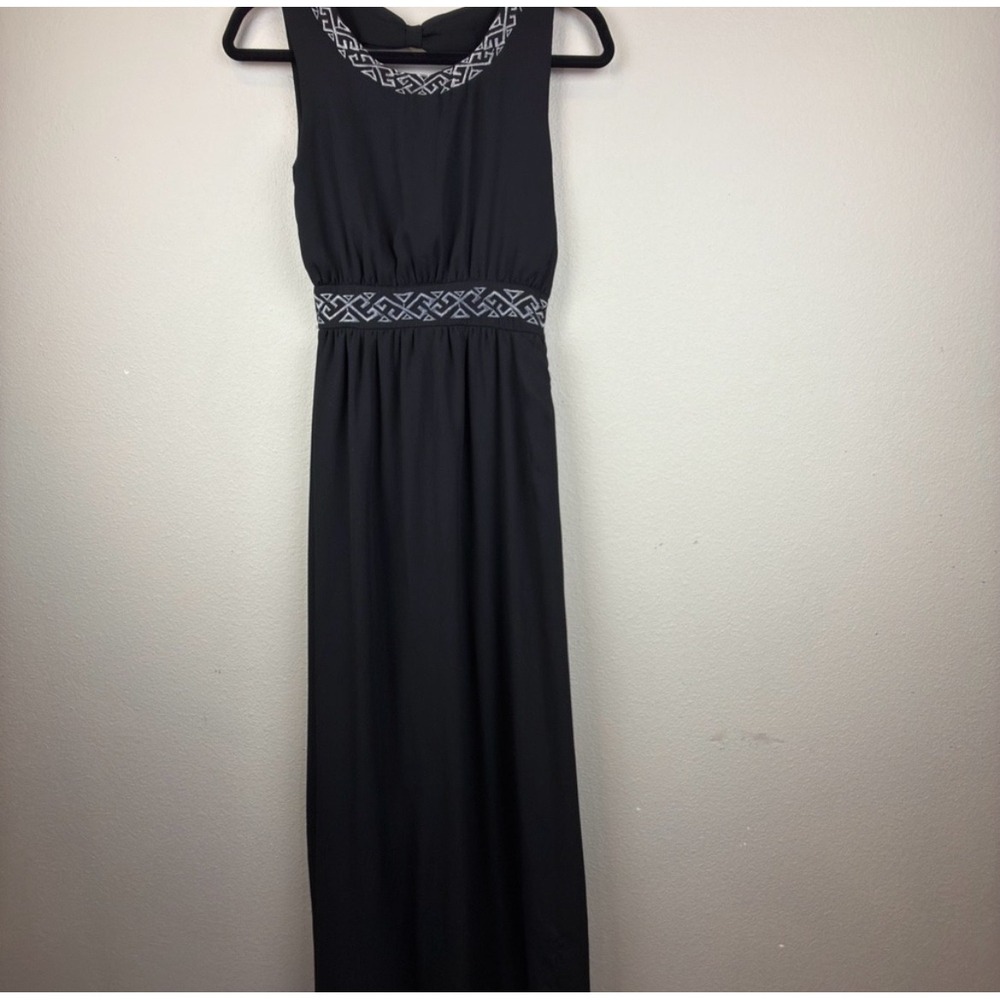 Black Maxi Dress Geometric Embellishment Back Bow Cutout V Neck Sleeveless